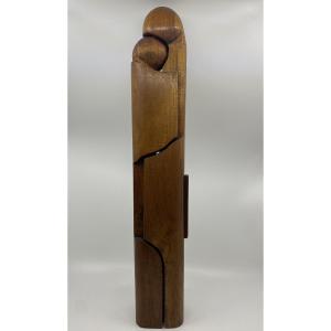 Love And Tenderness, Large And Unique Wooden Sculpture, Signed In Relief Reignier, 60 X 11 X 7.5 Cm