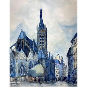 Watercolor Of The Saint-séverin Church (paris 5th Arrondissement) Signed Frank Will