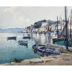 Watercolor Of The Port Of Audierne (brittany) Signed Henri Bouvrie
