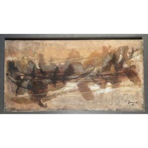 Abstract Oil On Canvas By Vera Freund, 96 X 49 Cm, Signed Lower Right, Dated '61' For 1961