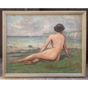 Oil On Canvas Portrait Of A Nude Woman By The Sea, Dated 1950, Signed A. Grognet, 65x54cm