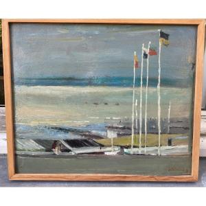 Oil On Isorel Signed By Charles Bétrémieux 1919-1997 Seaside At Veules Les Roses In 1957