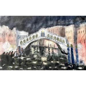 The Rialto Bridge (venice) - Watercolor And Gouache On Paper (1966) Signed Michel Terrasse