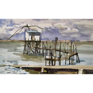 Watercolor Pêcherie De St-brévin (mindin) In 1979 Signed Pierre Neveu (1929-2025)