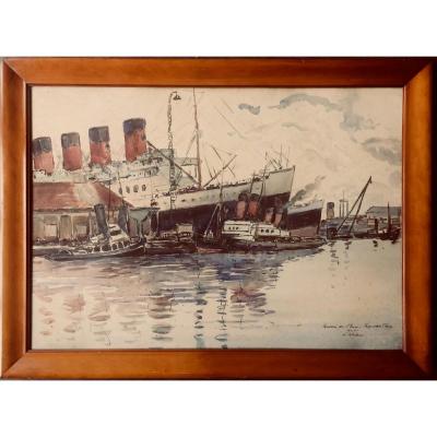 Great Watercolor The Paquebot France By Albert Lepreux 1868-1959