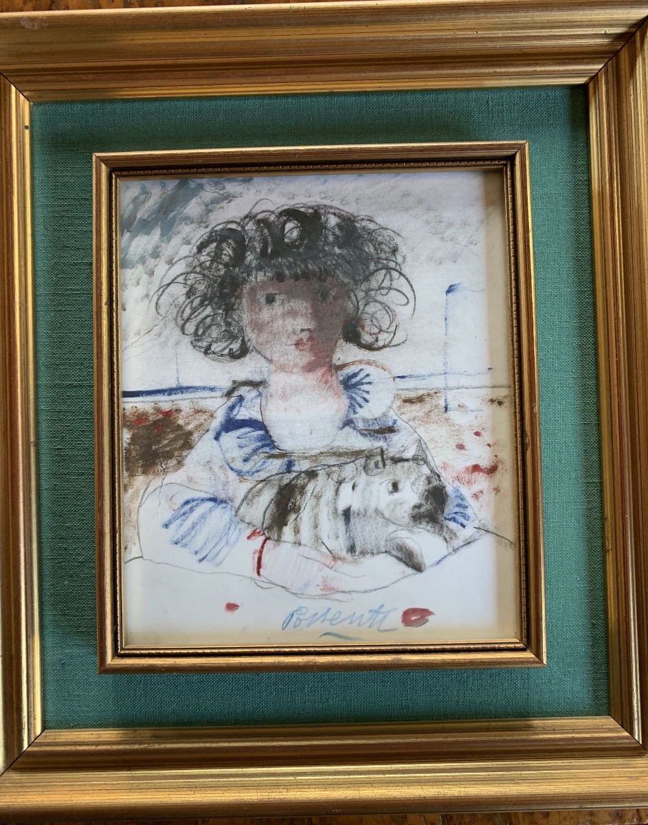 Signora in spiaggia con cagnolino. Antonio Possenti 