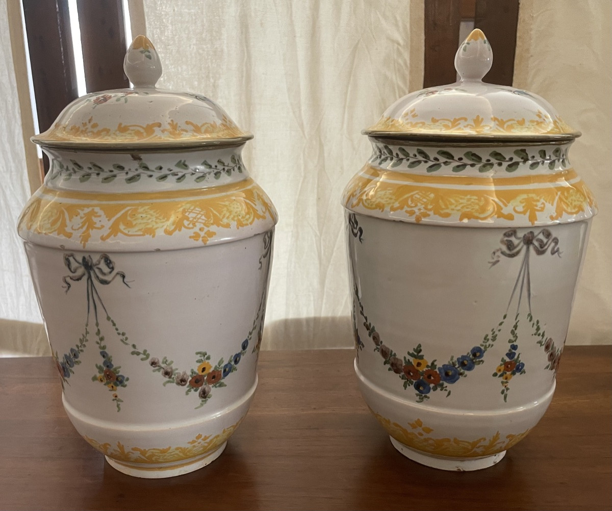 Coppia di vasi Neoclassici in Maiolica policroma, Faenza 18/19esimo secolo -photo-1