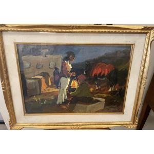 Gitani di notte. Olio su faesite. Basso Ragni, anni 50/60