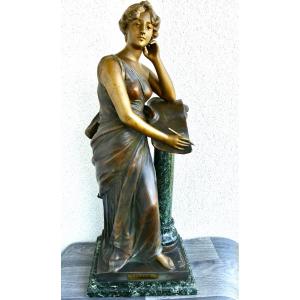 Sculpture, Young Woman, Spelter, Marble,  "poésie", Circa 1900 By H.levasseur, Art Nouveau.