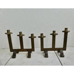 Pair Of Patinated Bronze Candelabra, Outsider Art, 20th Century.