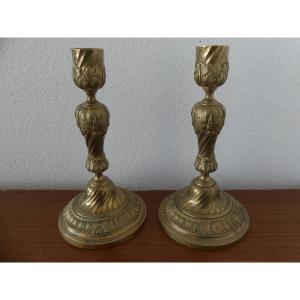A Pair Of Gilt Bronze Candlesticks In The Louis XVI, Napoleon III Style.