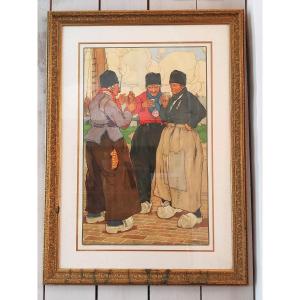 Imposing Print By Henri Cassiers "the 3 Dutch Drinkers" - Circa 1900