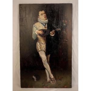 The Mandolin Player: Romantic Oil On Panel