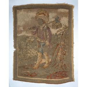 18th Century Embroidery, Young Man With A Bundle, Wool Tapestry 