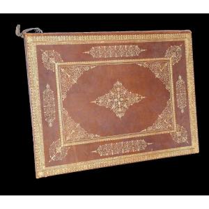 Large Leather Document Holder, Decor With Small Irons, Late 19th Century, Charles X Style 