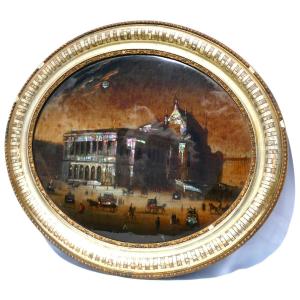 Large Painting Fixed Under Glass, Opera Garnier De Paris, Napoleon III Period, Mother-of-pearl 1870