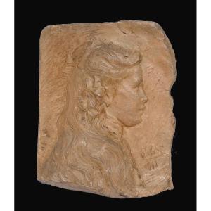 Terracotta Profile, Bas Relief Portrait Of Young Girl, 1911, Signed Paul Cruchet 1900