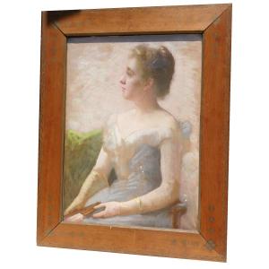 Large Pastel Portrait Of Young Elegant Woman With Fan, Circa 1880, Orientalist Framing