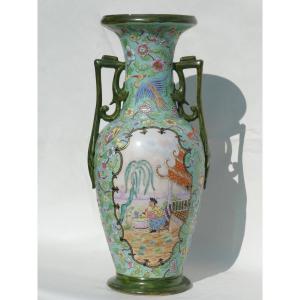 Large Bayeux Porcelain Vase, 1850 Period, Chinese Celadon Decor Jenny Langlois 19th Century