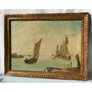 Marine, Oil On Canvas 19th Century, Anglo-dutch School, Sailing Ships In The Estuary, Boats