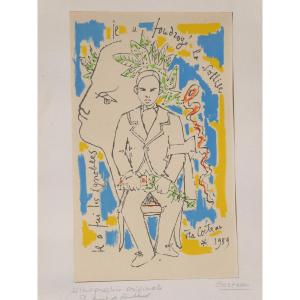 Original Lithograph By Jean Cocteau, Head Of A Faun And Portrait Of Rimbaud 1960