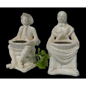 Pair Of 18th Century Planters, Lorraine Land / Pont Aux Choux, Peasant Couple