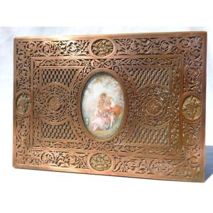 Large Jewelry Box, 1900s Period, Painted Miniature, Gallant Scene, Louis XVI Style, Box