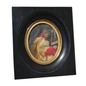 Large Religious Miniature, Saint Matthias, Napoleon III Period, 19th Century, Gouache 