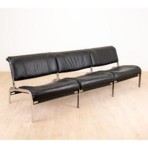 Olivier Mourgue Whist Model 3-seater Sofa In Black Leather, Airborn Edition, 1964