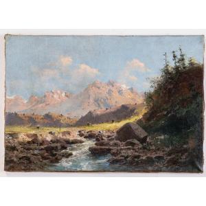 Alfred Godchaux, “landscape Of The Pyrenees”, 19th Century Oil On Canvas 38 X 55 Cm