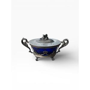 Silver-plated Metal And Colored Glass Sugar Bowl, 19th Century