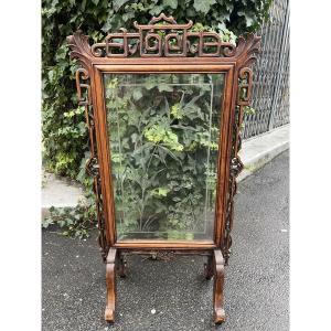 Antique Fireplace Screen In Walnut And Carved Glass, Late 19th Century