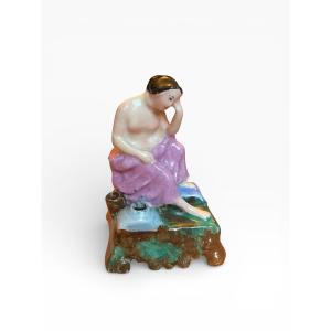 Figurative Inkwell In Polychrome Earthenware