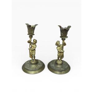 Pair Of Brass Candlesticks, Putti Torchbearer 19th Century