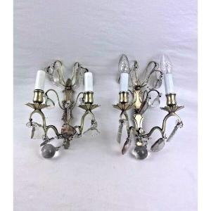 Beautiful Pair Of Bronze Sconces, Crystal Tassels