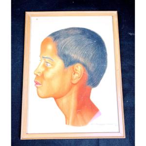 Watercolor, Portrait Of Young Malagasy, Madagascar 1956