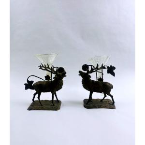 Pair Of Bouquetières, Deer In Repoussé Metal Flower Holders