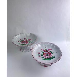 Pair Of Saint Clément Earthenware Compote Bowls, Rooster On Flowered Basket