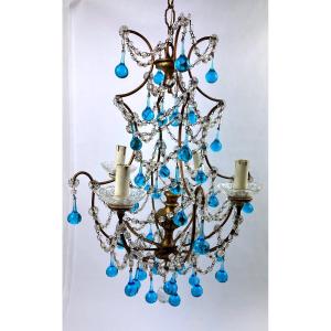 Italian Tassel Chandelier Blue Beads And Gold Wood