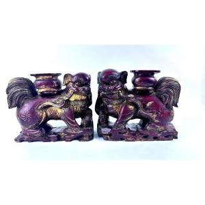 Pair Of Carved Wooden Foo Dogs 