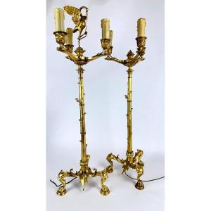 Pair Of Gilt Bronze Candlesticks, Bamboo Model To Be Restored