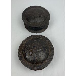 Pair Of Covered Pots In Repoussé Metal With Spider, Asia, Late 19th Century