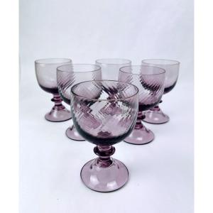 Set Of 6 Purple Crystal Wine Glasses From The 70s/80s