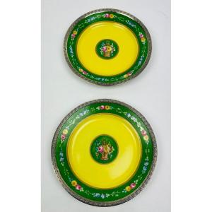 Pair Of Fine Porcelain Plates With Silver Rim