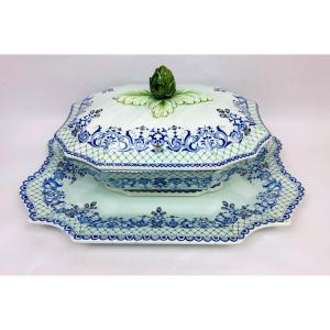 Gien, Vegetable Dish, Soup Tureen And Its Frame In Fine Earthenware, Rouen Decor