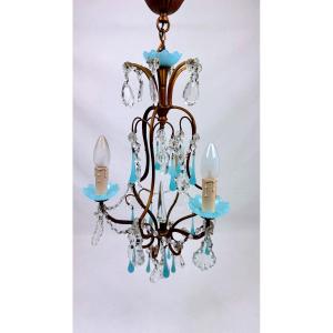 Small Italian Chandelier In Brass, Blue Opaline And Tassels, 1950s