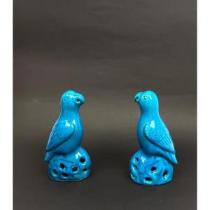 Pair Of Blue Chinese Porcelain Parakeets