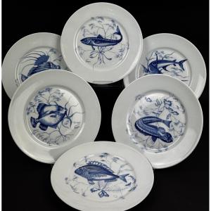 Jammet-seignolles Set Of 6 Flat Plates With Stylized Fish – Limoges 1977