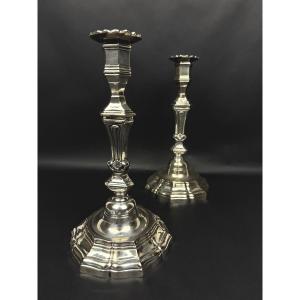 Pair Of Silver-plated Bronze Candlesticks – Goldsmith Auguste Monnier Veuve, 1911