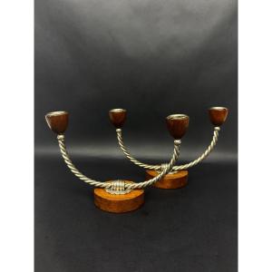 Pair Of Vintage Candlesticks In Wood And Twisted Metal – Scandinavian Design